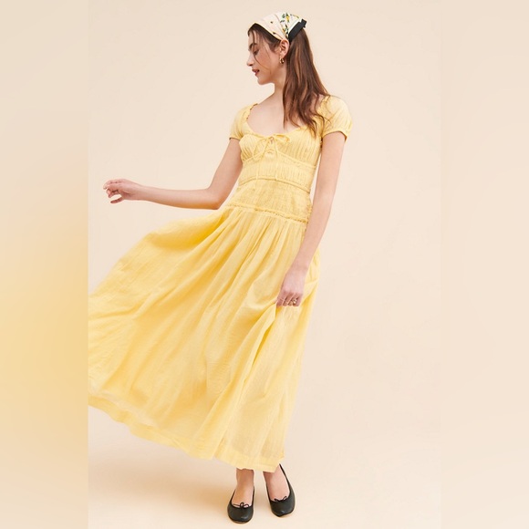 Free People free-est Feeling Bonita Smocked Midi Dress Yellow Cottagecore Medium - Picture 2 of 7